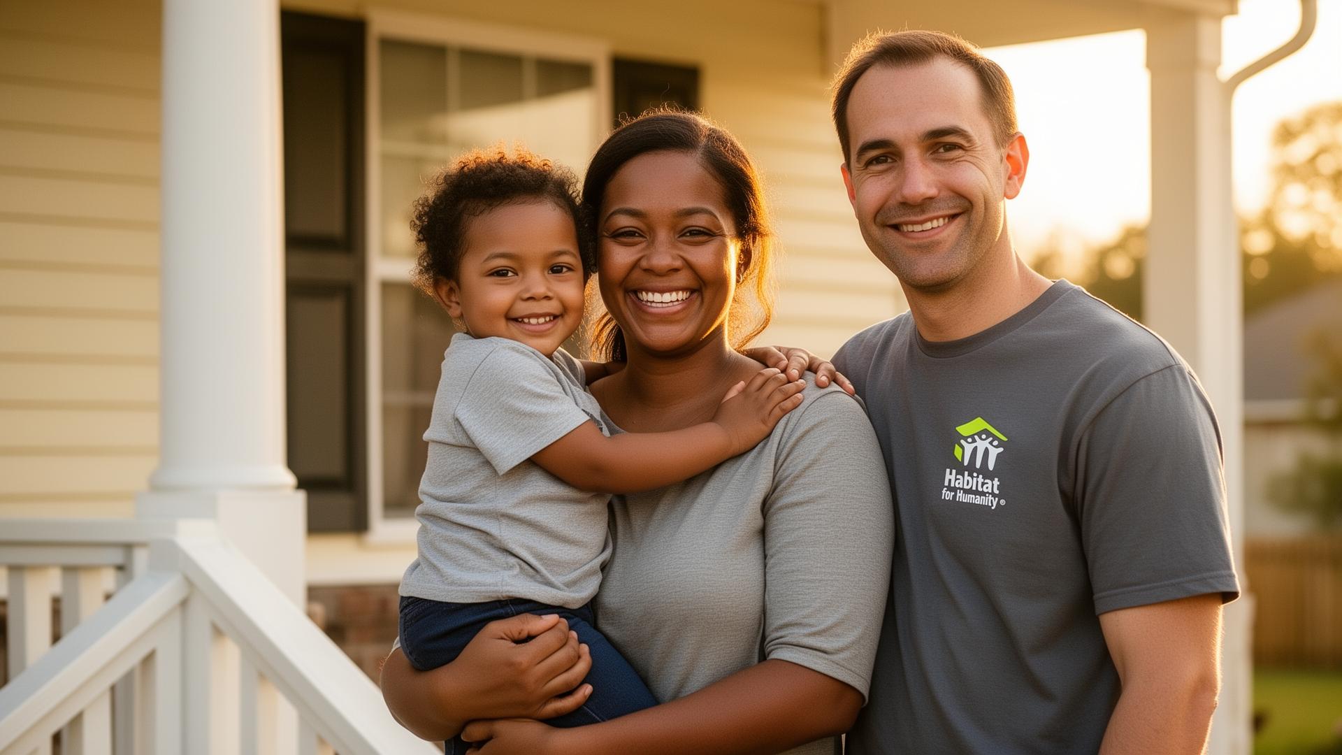 A Habitat partner family in front of their new home