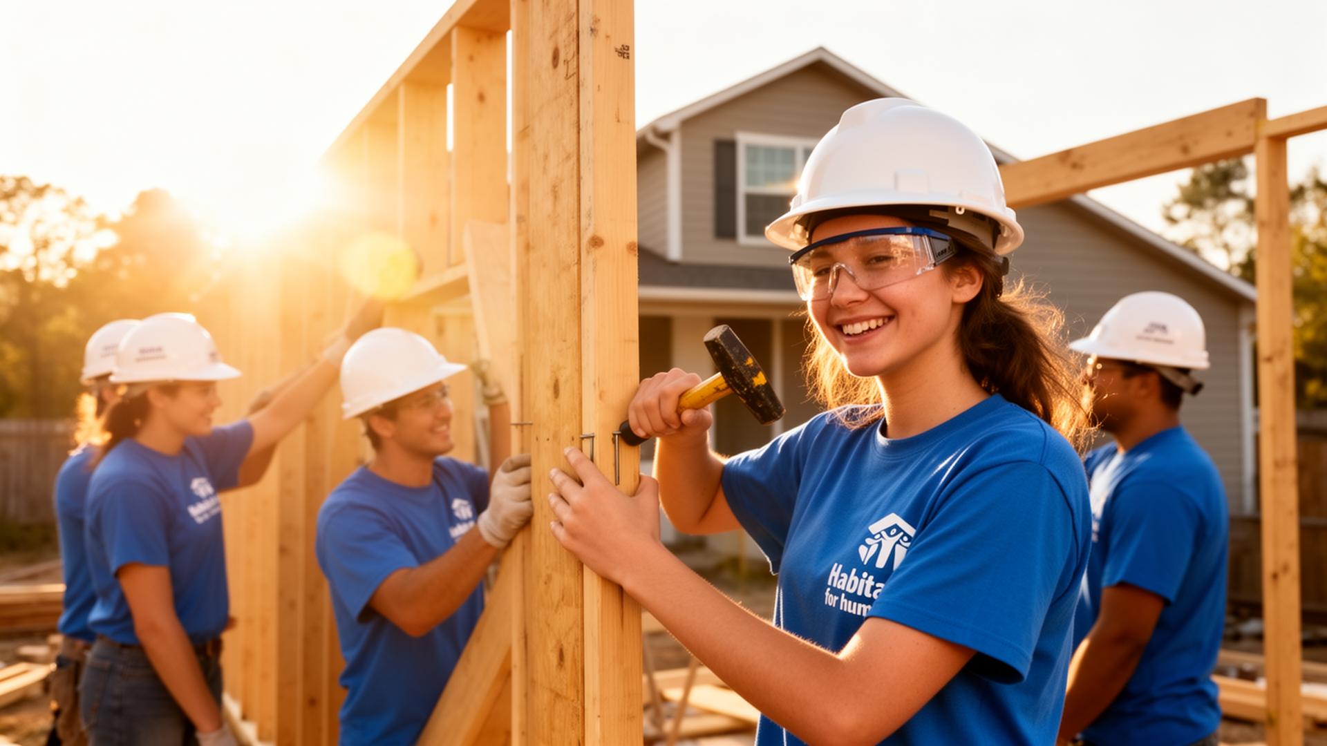 Habitat for Humanity Abilene volunteers raising a wall frame at sunrise